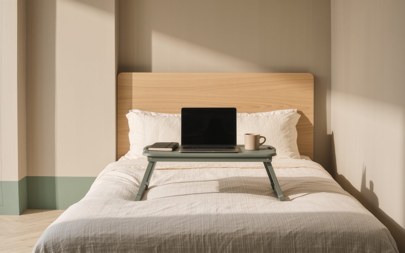 Visuel éditorial générique généré par IA : Transformer le lit en surface de travail temporaire