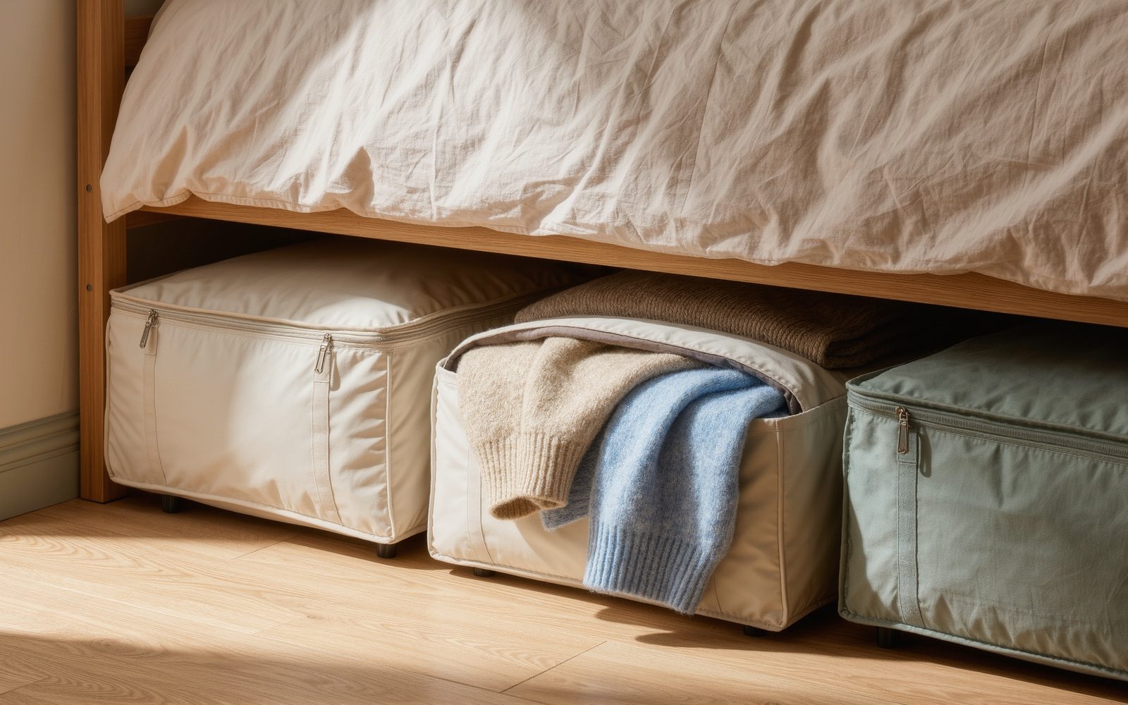 Visuel éditorial générique généré par IA : Ranger le linge de lit sous le lit