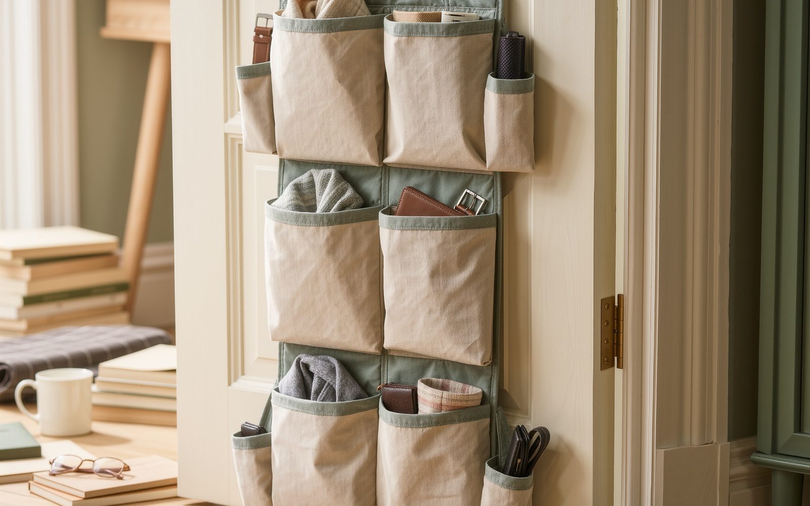 Visuel éditorial générique généré par IA : Regrouper les petits accessoires derrière la porte