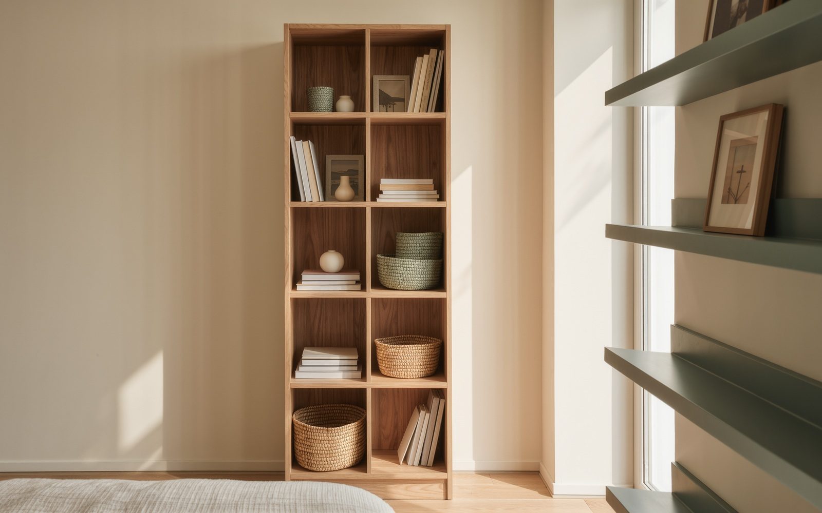 Visuel éditorial générique généré par IA : Utiliser une bibliothèque verticale étroite à cases