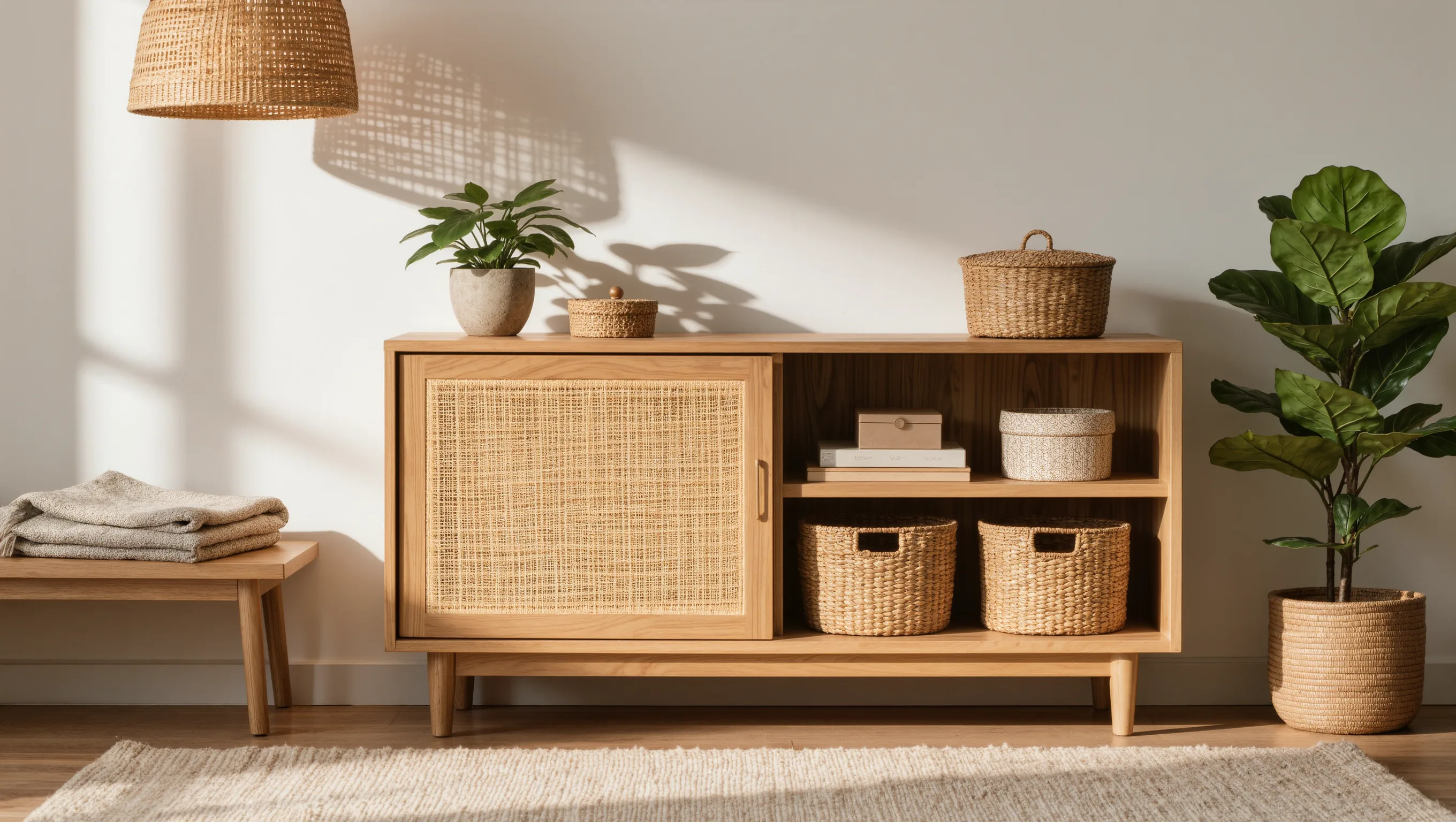 Warm, organized living area with decorative storage