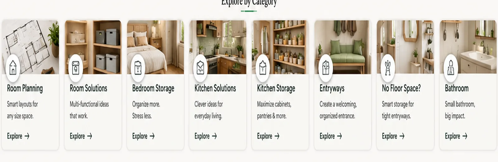 Home organization categories including room planning, bedroom, kitchen, entryway and bathroom