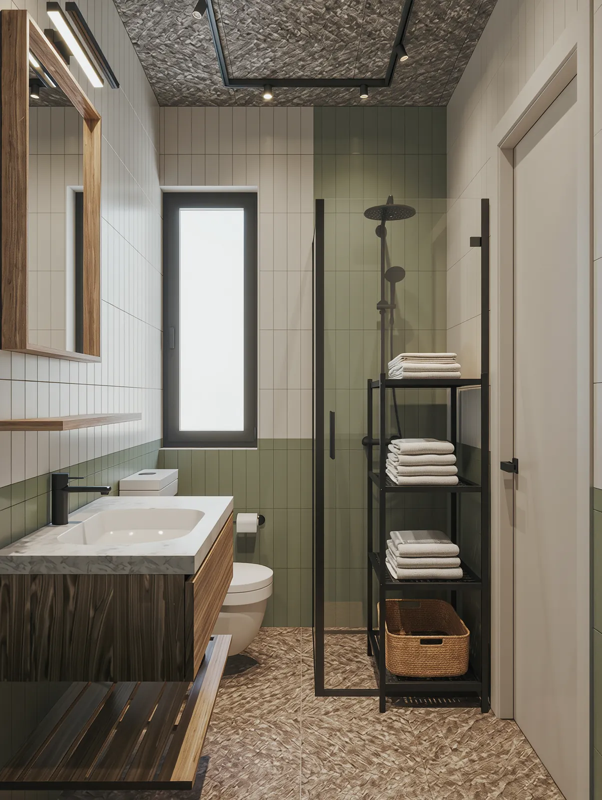 Small bathroom using vertical storage to preserve floor space