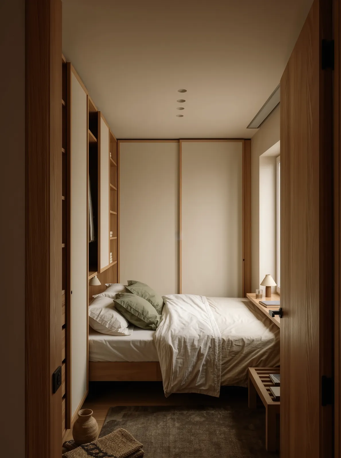 Compact bedroom layout with furniture-fit and circulation planning