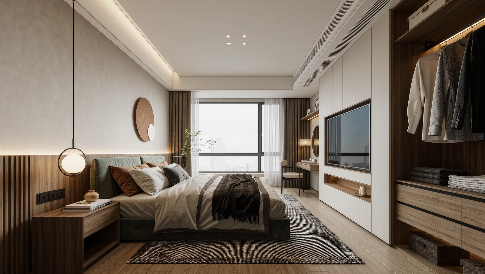 Compact bedroom with bed, wall storage and protected passage
