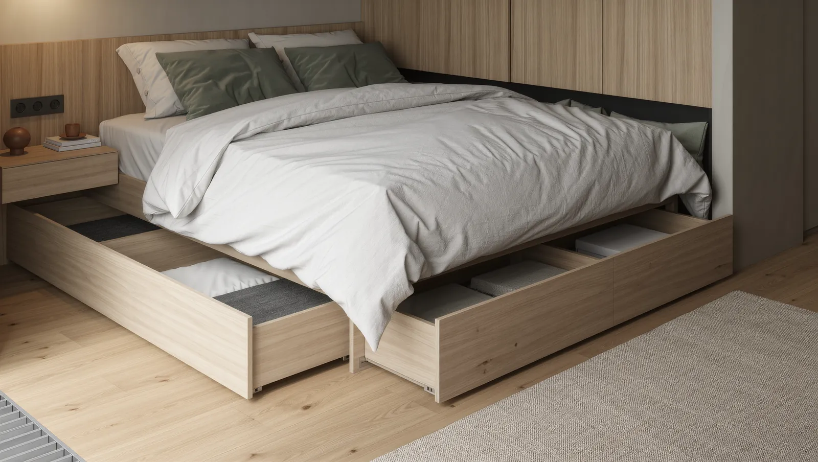 Bed with integrated under-bed storage drawers