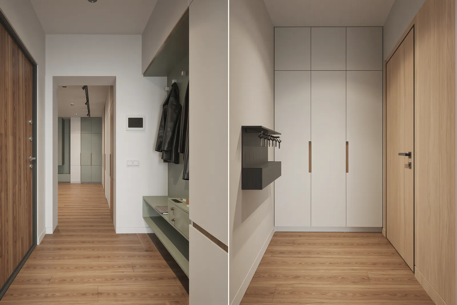 Compact entryway with contained storage and a clear passage