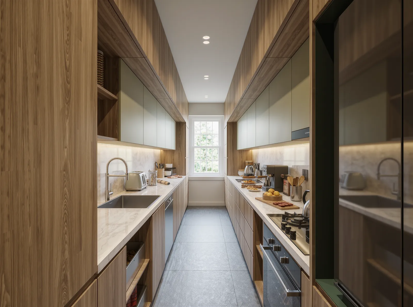 Narrow kitchen with crowded counters and competing functions