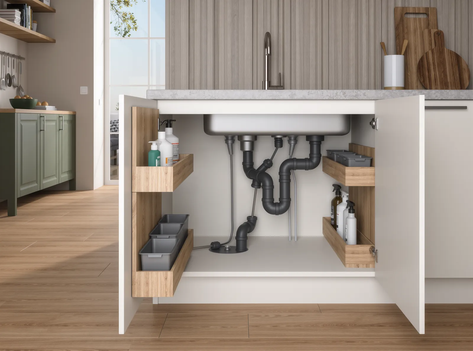 Under-sink storage arranged around plumbing