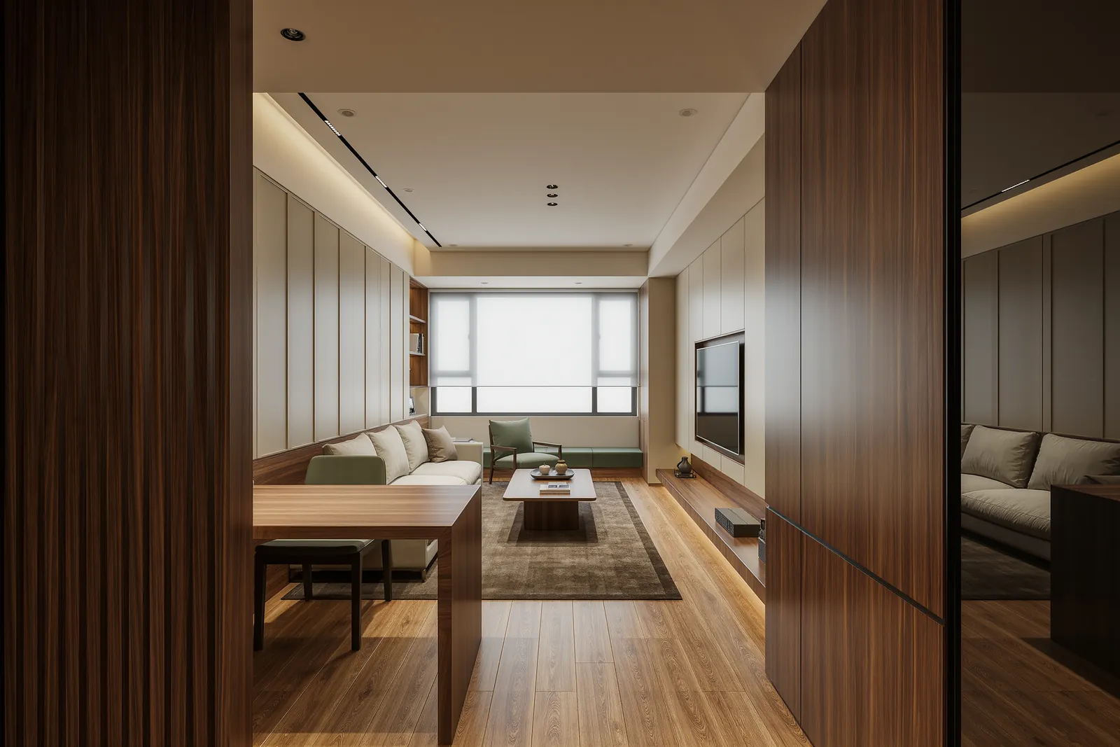 Small living room layout balancing seating, storage and circulation