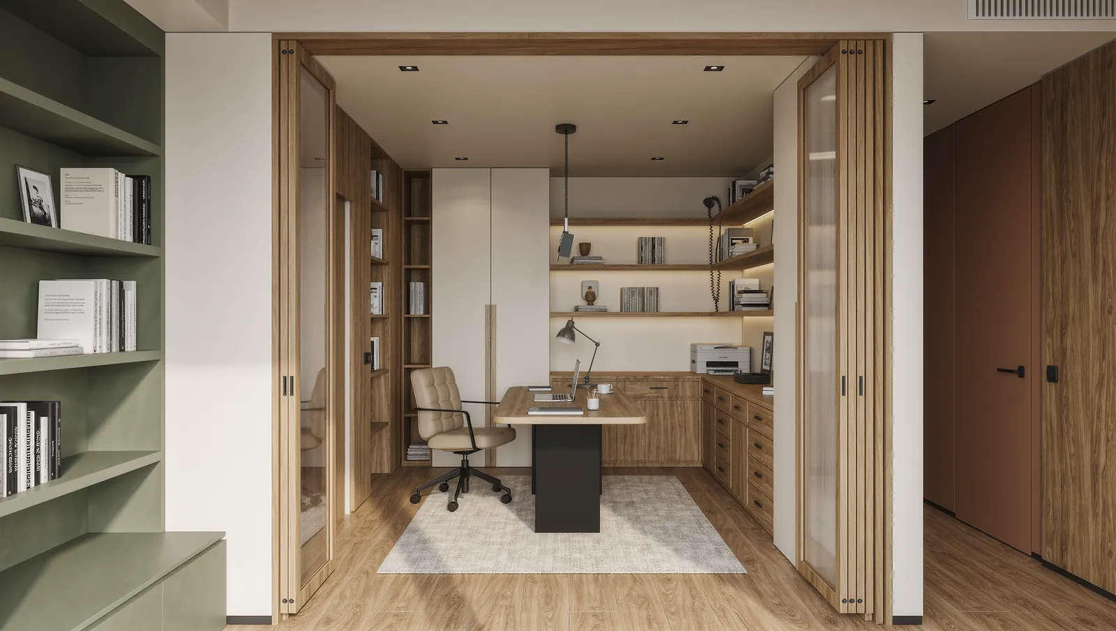 Small home office with defined work and storage zones